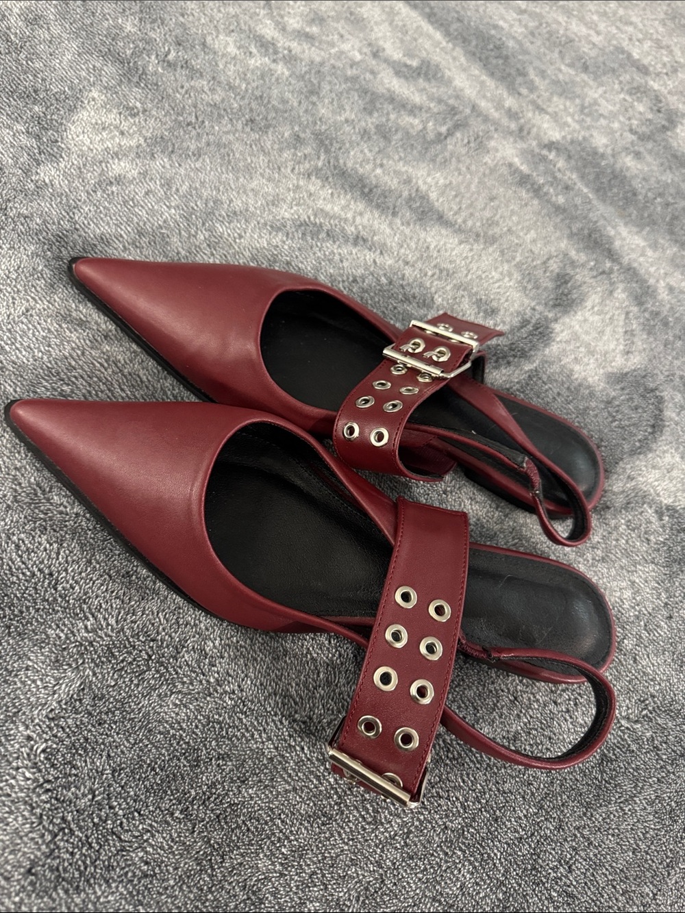 Zara Burgundy Pointed Slingback Flats with Grommet Strap